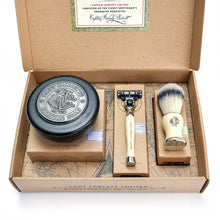 Captain Fawcett's shaving gift set with soap, razor, and brush