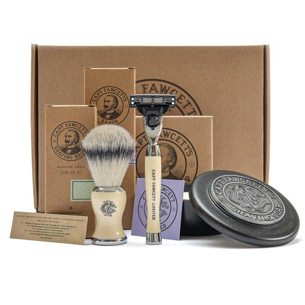 Shaving kit gift set with brush, razor, and soap from Captain Fawcett 