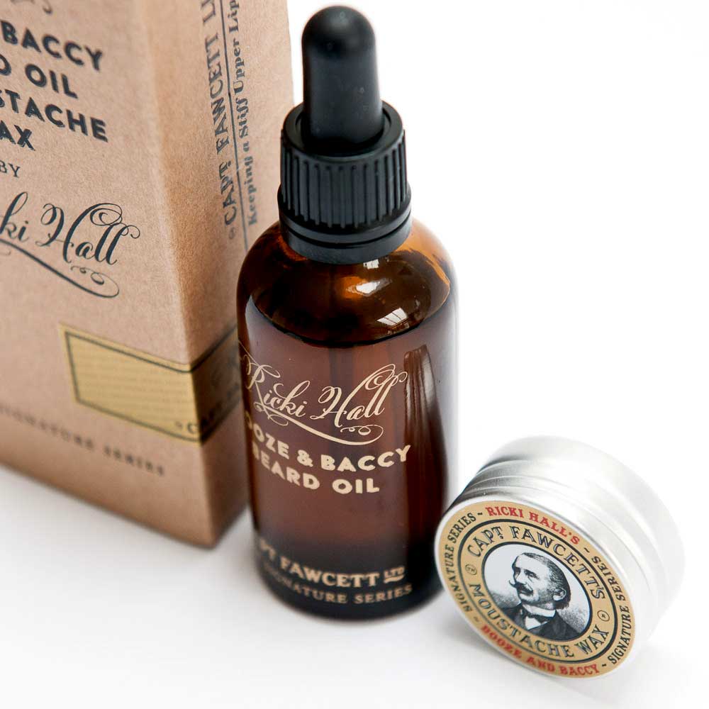 Captain Fawcett and Ricki Hall Booze & Baccy moustache wax and beard oil