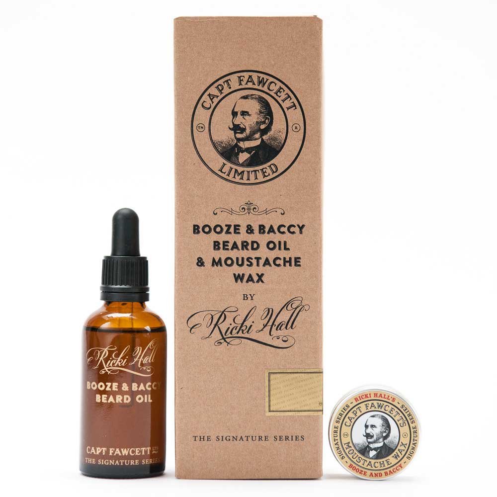 Captain Fawcett and Ricki Hall Booze & Baccy moustache wax and beard oil