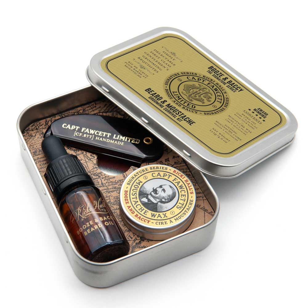 Captain Fawcett grooming kit with beard oil, moustache wax, and comb